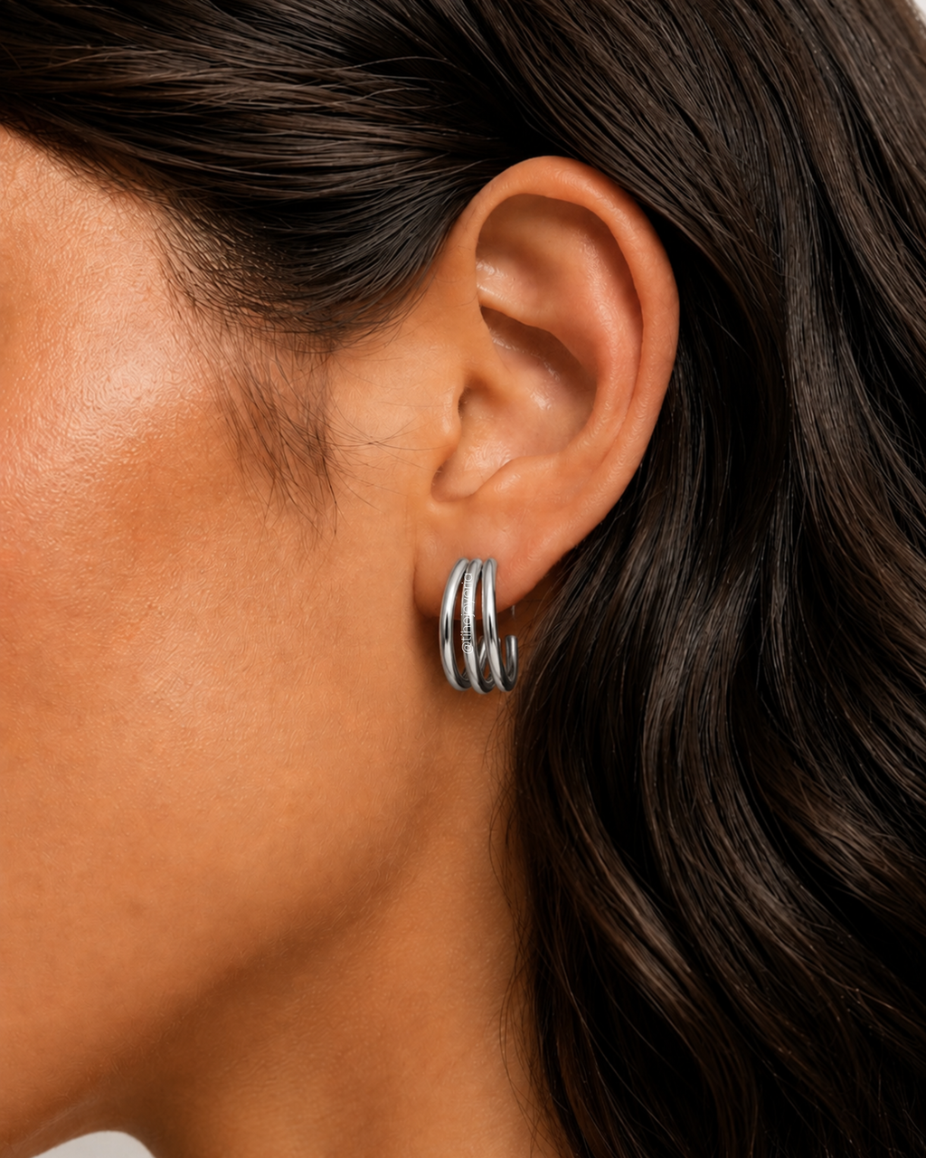 Aretes Triple Hoop Plateados